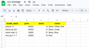 Google Sheets product database showing Phone Model, Price, Colors, Stock columns for n8n WhatsApp AI bot"]