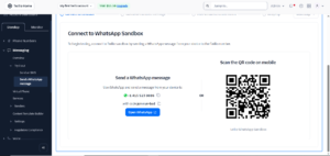 Twilio WhatsApp Sandbox dashboard showing sandbox number +1 415 523 8886 and unique join code for WhatsApp API testing