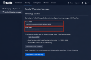 "Twilio WhatsApp sandbox setup screen showing Account SID and Auth Token for n8n WhatsApp AI bot"]