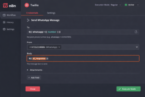 "Twilio send WhatsApp message node in n8n showing To, From, and Body configuration