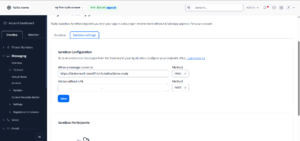 Twilio WhatsApp webhook configuration settings showing when a message comes in field with URL endpoint for incoming WhatsApp messages