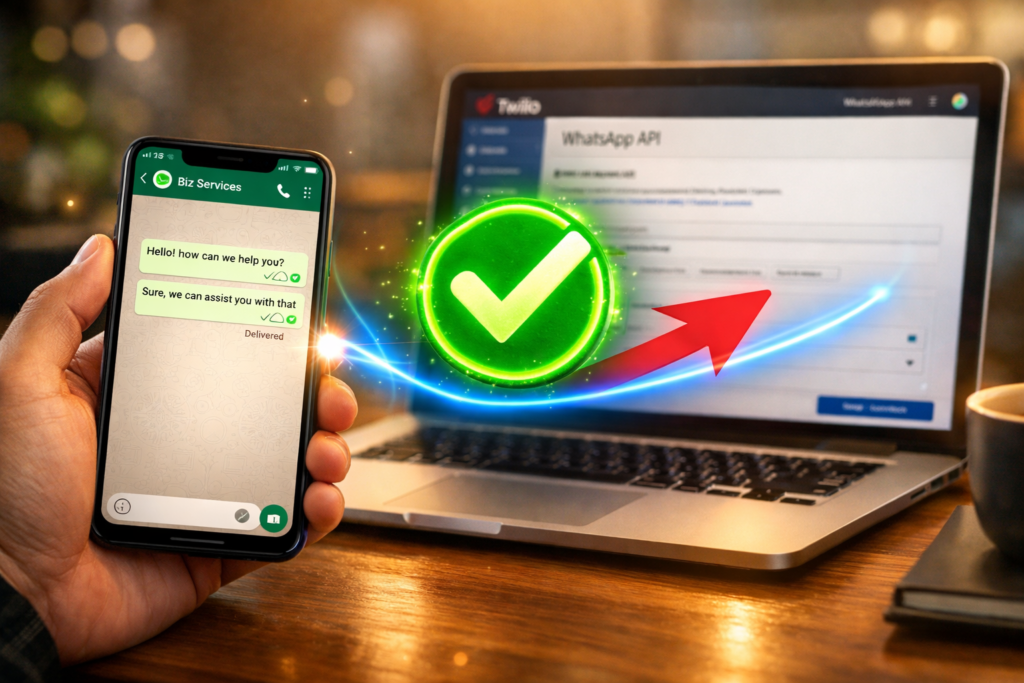 WhatsApp API with Twilio integration setup guide showing successful connection between smartphone and laptop with glowing green checkmark and red arrow